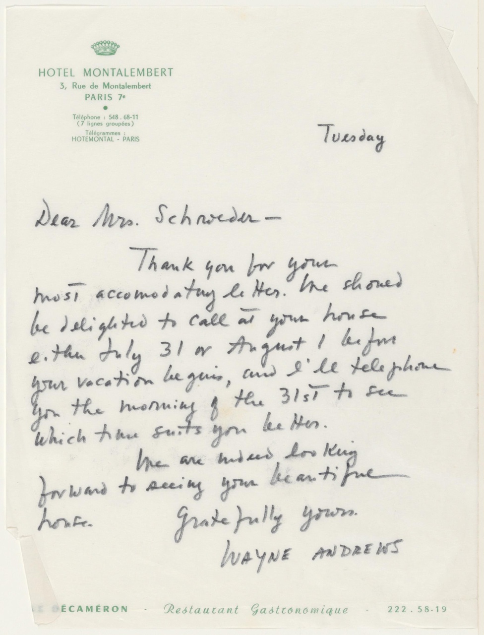 Brief van W. Andrews aan T. Schröder