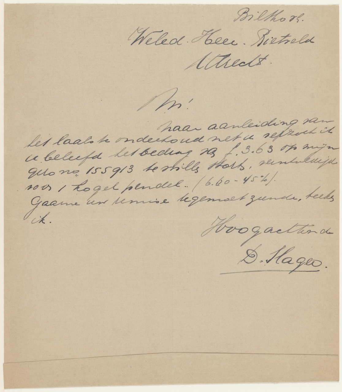 Brief van D. Slager aan Rietveld