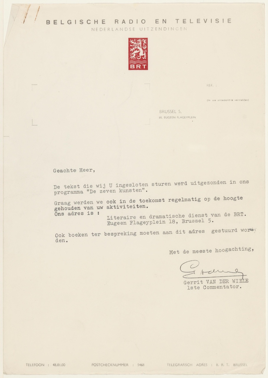 Brief van G. van der Wiele aan G. Rietveld