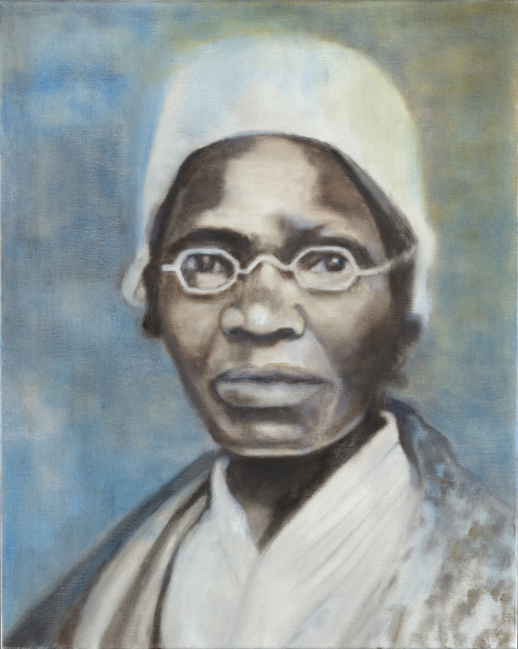 portret van Sojourner Truth, een zwarte vrouw met bril, met wit mutsje