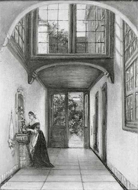 6/8 - Een schenking uit 1918. Het vroegste werk waarop een vrouw te zien is én dat gemaakt is door een vrouw. Adriana Johanna van Leijdenroth, Ganginterieur, 1875 (inv.nr. 2565).