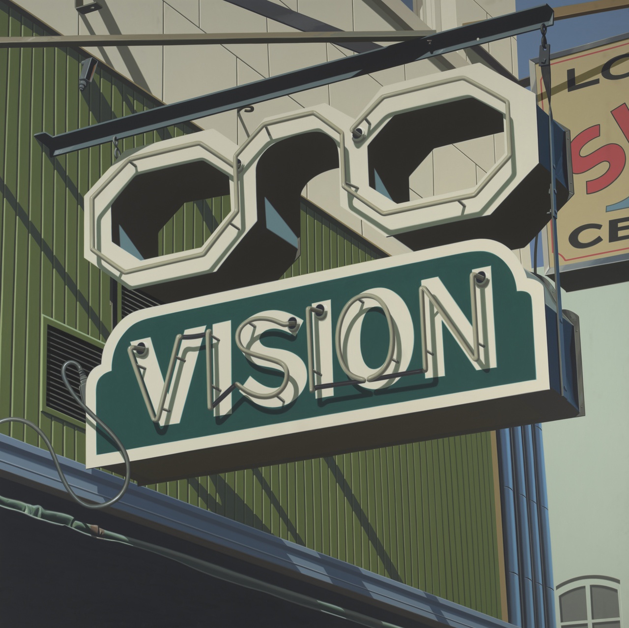 Een uithangbord aan een gevel in de vorm van een bril, eronder de tekst Vision